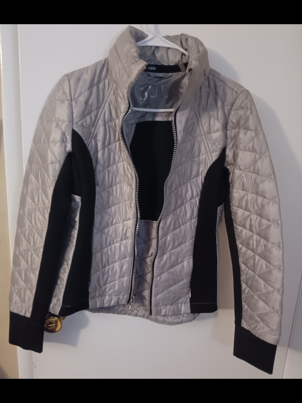 Women Guess Silver Quilted Jacket with Black Panels